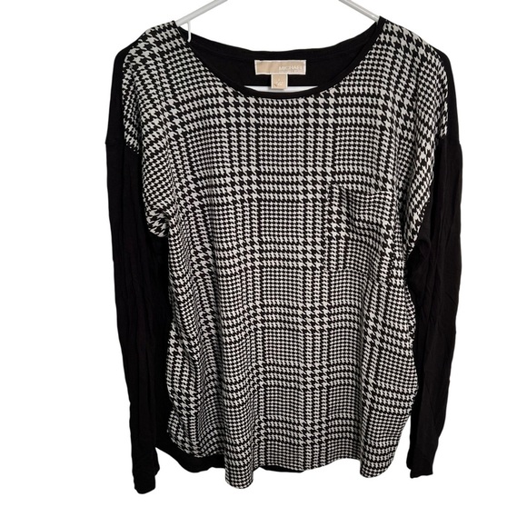 MICHAEL Michael Kors Mixed Media Blouse Black White Houndstooth L - Picture 1 of 9